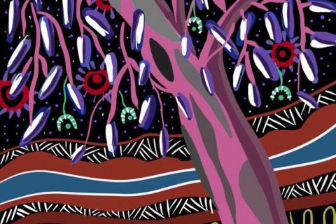 A digital painting of a purple, pink and beige tree with purple, white, red and green foliage. In the background is a landscape composed of multicoloured, patterned layers.