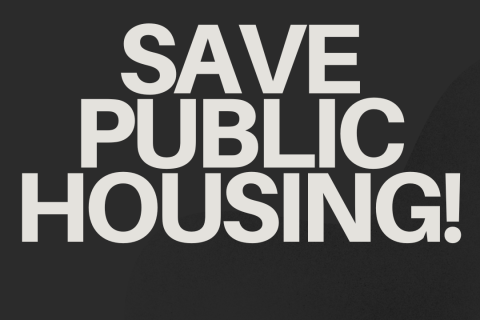 Pale text on a black background reading SAVE PUBLIC HOUSING!