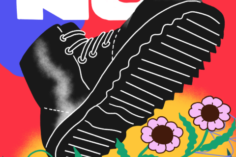 a snippet of Calev's No Cops at Pride risograph poster. There is a the word 'NO' in caps lock in white colour and an illustration of a foot with a black boot stepping on a garden