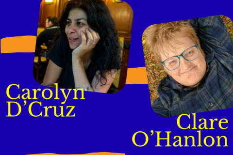 electric blue background with orange stripes. There's a photo of Carolyn who is a queer academic looking away from the camera. She has long black hair. Then there's a picture of Clare, a genderqueer librarian and archivist who is looking directly into the camera with a smile. They are wearing blue glasses. 