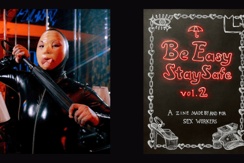 Black tile with two images: 1. Left side is a photo of Domina Jia wearing black latex, a latex face mask and they are sticking out their tongue. They are holding a leather whip. 2. Right image is the cover of their zine 'Be Easy, Stay Safe vol.2' in red font with a black cover. The border of the zine is an illustration in white of heels and cash. 