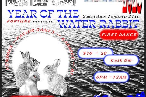A Lunar New Year party flyer in portrait orientation. At center, the heading reads: “FORTUNE PRESENTS: YEAR OF THE WATER RABBIT, FIRST DANCE” and “SATURDAY, JANUARY 21st” in blue, red, and black fonts. Additional text in floating white bubbles provides further event details: “$10-20,” “CASH BAR,” “6PM-12AM.” Just beneath, a grayscale image of water stretches across the flyer’s midsection, overlaid with three illustrated rabbits gathering around a full moon. Red text showing the words “VENDORS — PARLOR GAMES