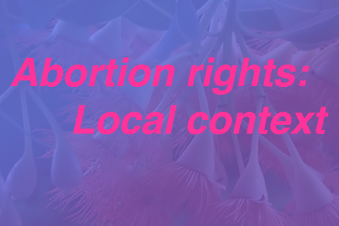 Bright pink text over a purple background with soft red eucalytus flowers. The text reads "Abortion rights: local context"