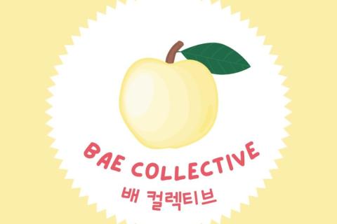 a creamy pale yellow background with a white serrated circle in the middle. In the middle of the white circle is a painted yellow pear with red text underneath that reads 'Bae Collective 배 컬렉티브' 