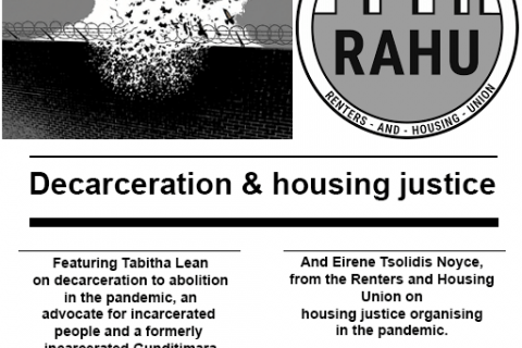 Decarceration & housing justice  Featuring Tabitha Lean on decarceration to abolition in the pandemic, an advocate for incarcerated  people and a formerly  incarcerated Gunditjmara woman.   Interview previously aired on 3CR  Thursday Breakfast with Priya Kunjan.  And Eirene Tsolidis Noyce, from the Renters and Housing Union on housing justice organising in the pandemic.  Pictures: Birds flying through a crumbling barb wire brick fence (left). RAHU - Renters and Housing Union’s circular logo with a few house