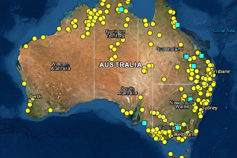 A map of Australia showing sites of Colonial Frontier Massacres
