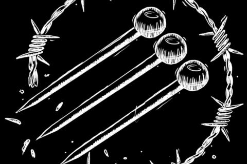 A circular logo in featuring a white screen print style illustration on black background showing three knitting needles pointing down diagonally from top right to left, breaking through a circle of barbed wire