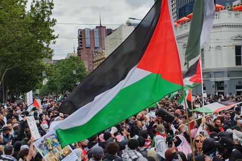 A black, white, red and green Palestinian flag is waved over a large crowd at a rally on Sunday 15th October outside Parliament House in Narrm
