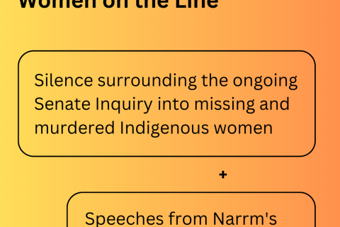 Black text on a warm orange background reads "3CR Community Radio, Women on the Line, Silence surrounding the ongoing Senate Inquiry into missing and murdered Indigenous women + Speeches from Narrm's Trans Day of Visibility rally”