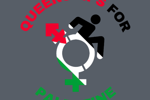 a digital graphic by Sky Cubacub of @RebirthGarments that says “Queercrips for Palestine”, where the words are each in red, black and green. In the center is a QueerCrip symbol which is a mashup of the newer accessibility icon and the trans symbol ( Queercrip symbol designed in 2016 also by Sky). This Queercrip symbol has a Palestinian flag filling in the symbol diagonally
