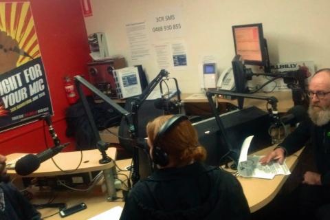 Steph and Ravi from Ride for Refugees in the 3CR studio