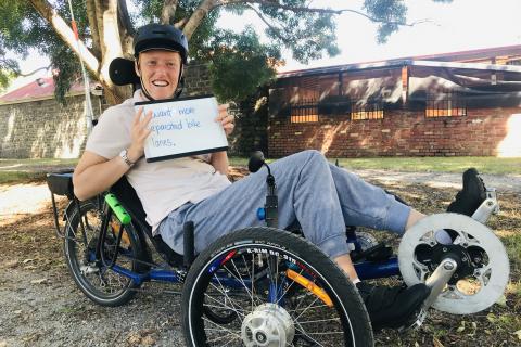 Alice Verrall on her recumbent bicycle. Protected bike lanes would allow her to shop on Sydney Road by bicycle. 