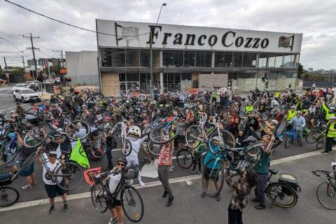 Critical Mass bike lift outside Franco Cozzo, Hopkins Street Footscray, 23 February 2024. Credit: Freya Clough Good