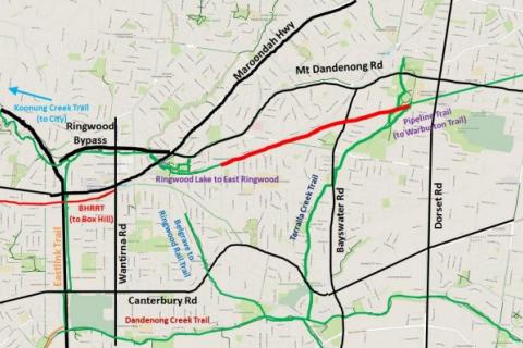 East Ringwood to Croydon This simple link along the railway and the O’Shannassy pipeline shall link Box Hill to Ringwood Trail, the Koonung Creek Trail and the Eastlink trail to the Carrum to Warburton link