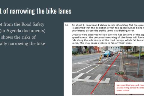 Effect of narrowing the bike lane: slide seven from 'Councillor vs. Officer Plans' from Jeremy Lawrence, Streets Alive Yarra, see link to presentation below