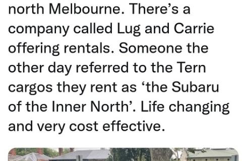 "This was the parking at our class picnic the other week in inner north Melbourne. There’s a company called Lug and Carrie offering rentals. Someone the other day referred to the Tern cargos they rent as ‘the Subaru of the Inner North’. Life changing and very cost effective."