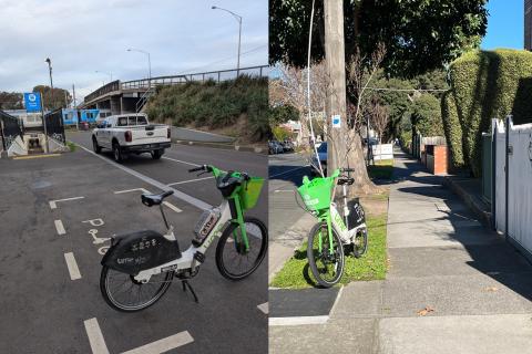 Lime bikes parked at Burnley Station and a nature strip in Richmond. Images supplied.