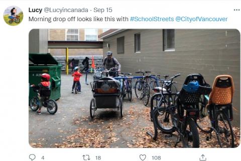 Credit: @Lucyincanada 'Morning drop off looks like this with #SchoolStreets  @CityofVancouver'