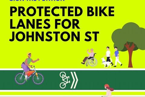 Build kerbside protected bike lanes on Johnston St from Kew to Carlton. Image: bikelanes4johnstonst on insta
