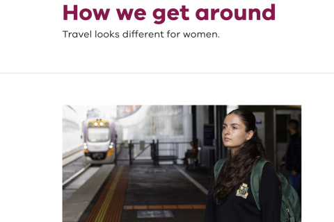 A webiste page with a maroon banner is labelled "Budget 2026/27" and has the Victorian govvernment logo. It features a photo of a women with a train in the distance and the headline reads "How we get around Travel looks different for women."  