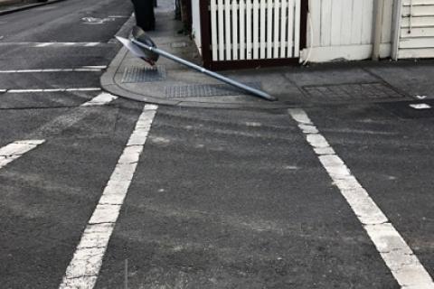 Sign pole struck corner Balmain St & non-compliant pedestrian crossing. Image supplied.