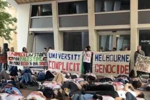 UniMelb for Palestine die-in on campus. Image: @unimelbforpalestine