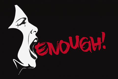 woman screaming 'enough' on a black background