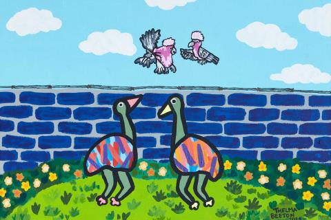 A painting of two galahs flying in a blue sky with clouds over a prison wall, beneath which two multicoloured emus stand together on a patch of grass