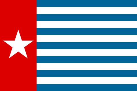 The West Papuan Morning Star flag. The flag consists of a narrow red vertical panel on the left with a large white star in the centre, with alternating blue and white stripes on the right.