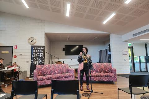 MC Shiralee Hood speaking at the Beyond the Bars 2025 CD launch.