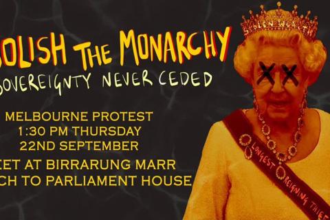 A poster for WAR's Abolish the Monarchy rally featuring details for the event and an edited image of queen elizabeth II with black crosses over her eyes and wearing a sash which reads "longest reigning thief".