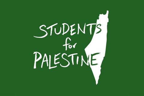 "Students for Palestine" is written in white text on a green background, alongside the outline of the Palestine region.