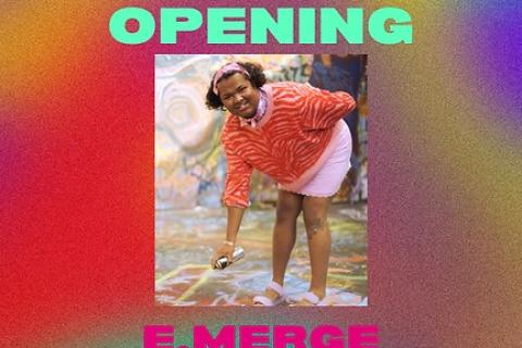 Gertrude Street Projection Festival Opening e.merge agency picturing Jaanu. Colourful rainbow background with Jaanu pictured wearing a pink outfit while smiling. Green text read GSPF opening and pink text below picture read e.merge agency. 
