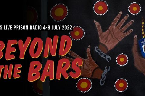 A banner image promoting Beyond the Bars featuring a painting of disembodied Black hands holding prison bars, open hands with wrists encircled by chains, and a hand with a BLM wristband holding a prison identification card. This is interspersed with painted motifs of a red dot with a yellow centre surrounded by miniature white dots.