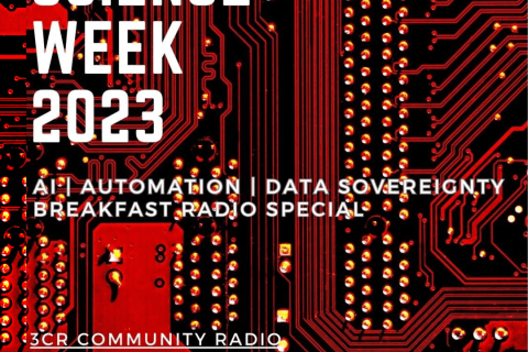 Red and black image of digital pathways, with the words science week 2023