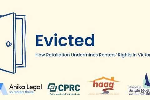 A digital banner for Anika Legal's new report featuring a cream background with an illustrated bloor door with the word EVICTED next to it.
