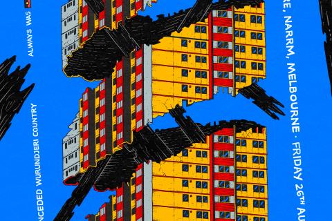 Forum for Dwelling Justice Poster. Bright blue background with red and yellow building in forefront that has been separated