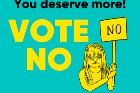 text on an aqua backgorund reads "YOU DESERVE MORE! VOTE NO. DECLINE DEAKIN'S DUD DEAL THEN WE CAN WIN BETTER PAY AND CONDITIONS FOR ALL STAFF"