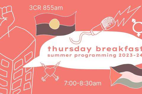 Thursday Breakfast Summer Programming 23-24. White speech bubble, light red background with Aboriginal and Palestinian Flag, housing, fist, microphone, trans and gender diverse, heart, and lightning symbols. 