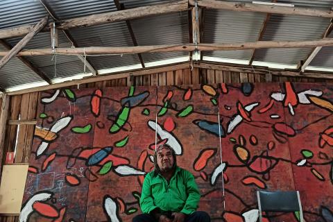 Wayne Coco Wharton sits on a stage in a large open shed with a multicoloured mural in the background. He is talking and wearing a green long sleeved shirt and black pants.