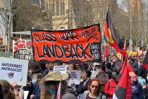 An ARC UP banner at the Sovereignty Never Ceded rally in Naarm, which reads 'Class War Landback'. Credit: ARC UP.