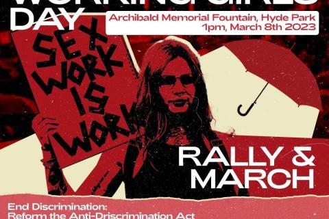 A flyer with details for the International Working Girls Day rally and March scheduled for March 8th in Sydney.