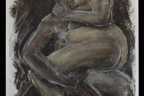 A rough drawing in charcoal of a sex scene of two naked people: a light-brown fat woman with shoulder-length straight hair, straddling her lover over a wheelchair. Her breasts obscure her lover's face, hanging slightly over her rounded belly that presses into them. Her round arse is supported on her lover's bare thighs. She has her hand around the back of her lover's neck. They have muscled arms, one flexed as it reaches beneath her thigh to hold her over them. A golden scar line is visible on their chest.