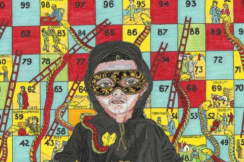 A cropped image of a Bollywood poster style Texta drawing of a light blue and pink toned person wearing a yellow and black patterned mask over their eyes, blue jeans and a black hoodie that reads,'NOT YOUR QTPOC CELEBRITY' in gold. The background is a mid-century snakes and ladders game.