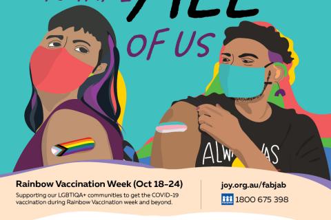 A poster advertising Rainbow Vaccination Week 18-22 October featuring two people with brown skin wearing face masks and with sleeves rolled up to reveal trans and pride flag bandaids showing they have gotten vaccinated. Above their heads are the words 'It's going to take all of us', and details about participating organsations is below.