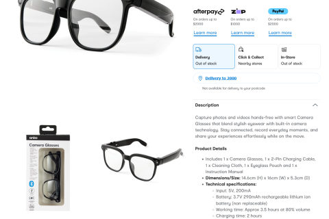Screenshot of Kmart's Smart Glasses product page.