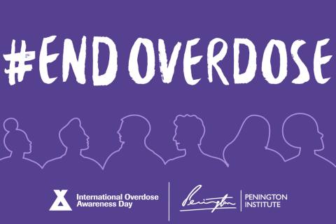 #End Overdose. Purple background with white fond in bold stating #endoverdose, with white outline of people. Bottom text reads International Overdose Awareness Day and Penington Institute. 