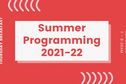 A graphic in shades of red advertising 3CR Thursday Breakfast's Summer Programming. Text in the centre is in red on a white background and reads 'Summer Programming 2021-22'. Text on the left is oriented vertically and reads 'Thursday Breakfast'. Text on the right is oriented vertically and reads '3CR855AM 7-8:30AM'.
