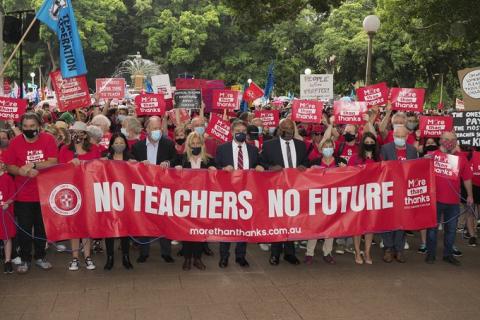 NSW Teachers Strike with a banner that reads 'No Teachers No Future'