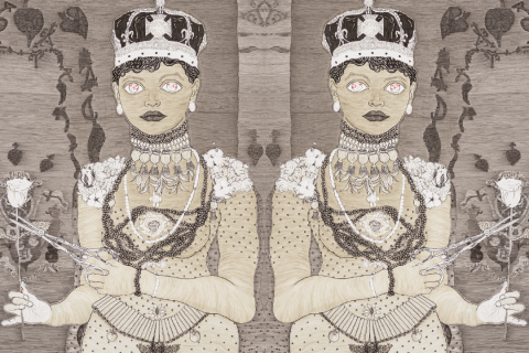 A mostly black and white marker self-portrait of Texta Queen as Queen Alexandra in coronation attire wearing an invisible gown of colonial legacies, naked beneath. In her eyes are world maps with red highlights. She cuts the head of a single white rose.